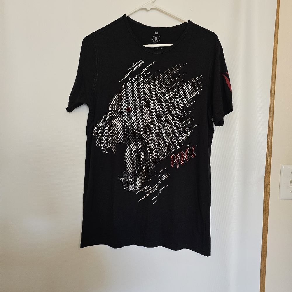 NWT Ay Guey Mens Black Graphic Silver Tiger Beaded Artsey Short Sleeve M T-Shirt